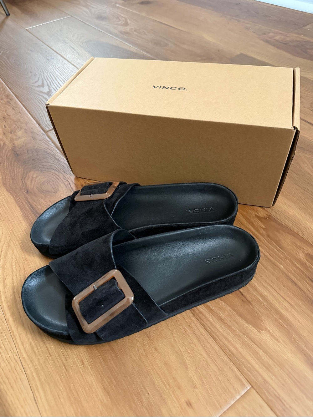 Vince Black Suede Slide Sandals with Brown Buckles - Picture 2 of 2